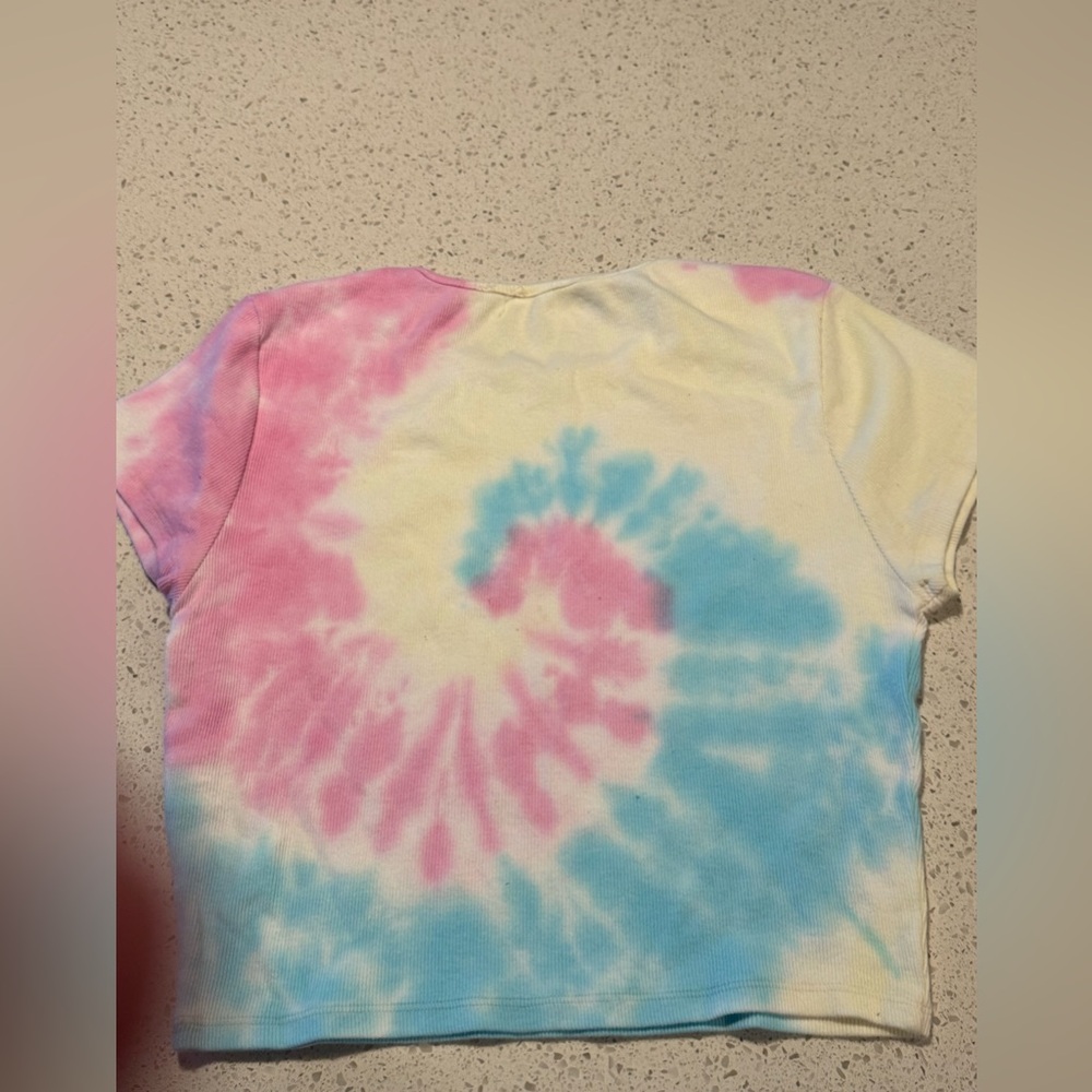 Barbie Adult Medium Tie-Dye Cropped T-Shirt - Pink, Blue, and Cream - Picture 3 of 6